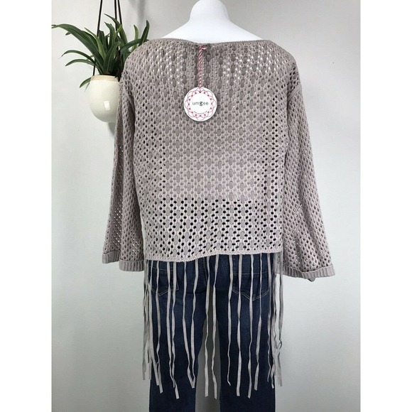 New Umgee Chunky Open‎ Knit Cropped Fringe Sweater Top Womens Size L Sheer Lilac - Picture 4 of 8